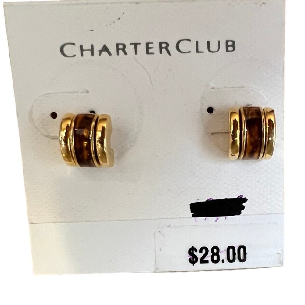 Vintage 90s Charter Club Gold Half Barrel Stud Earrings Copper Tortoise Inset